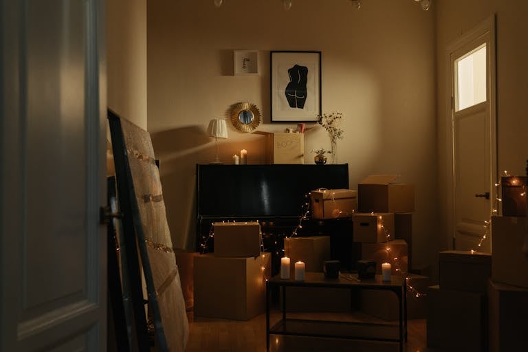 A warmly lit apartment filled with moving boxes and romantic candle lighting.