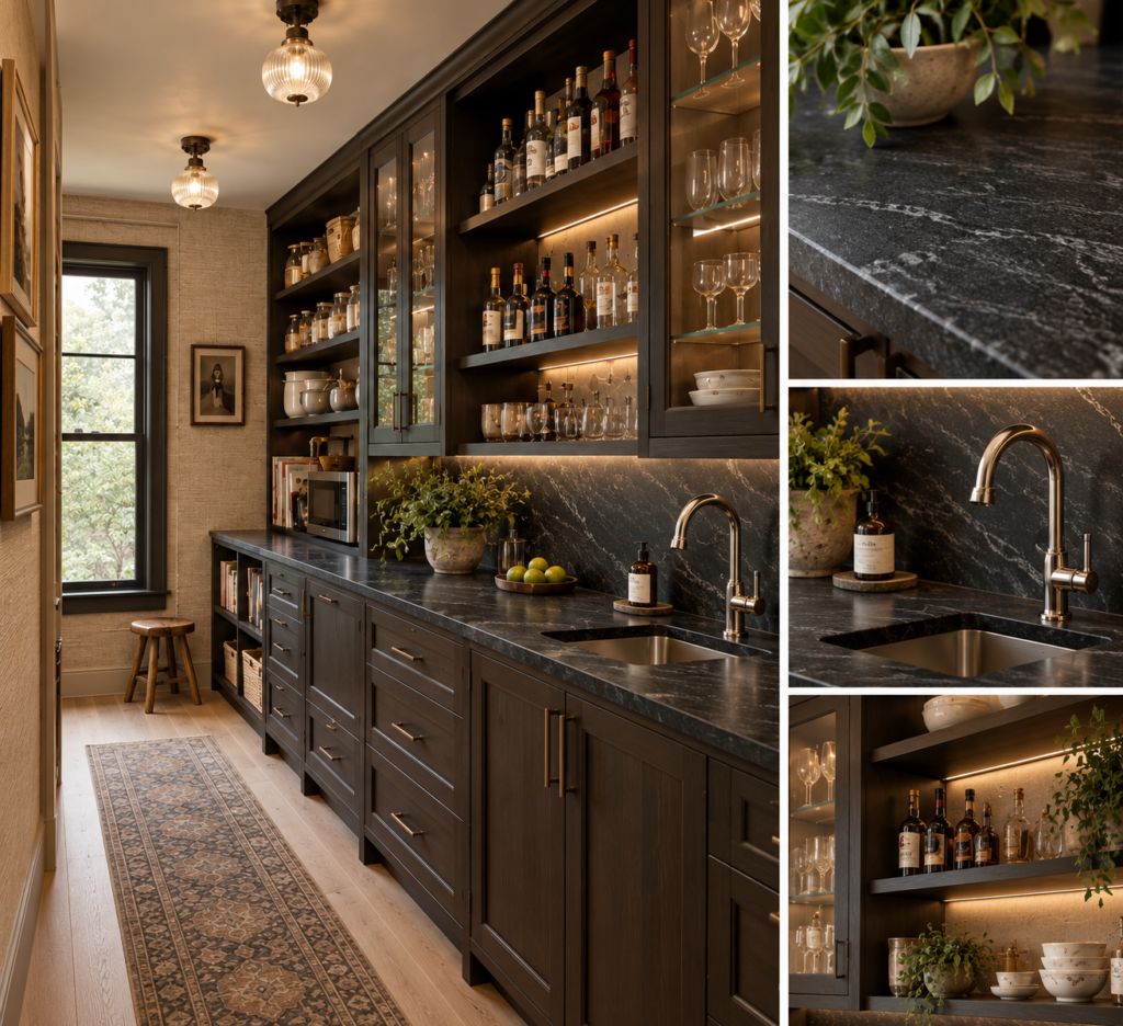 Five Trails pantry design with dark countertops, open shelving and bar cabinetry