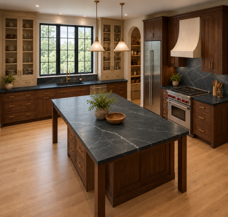Five Trails kitchen rendering with natural walnut cabinets and honed black granite countertops